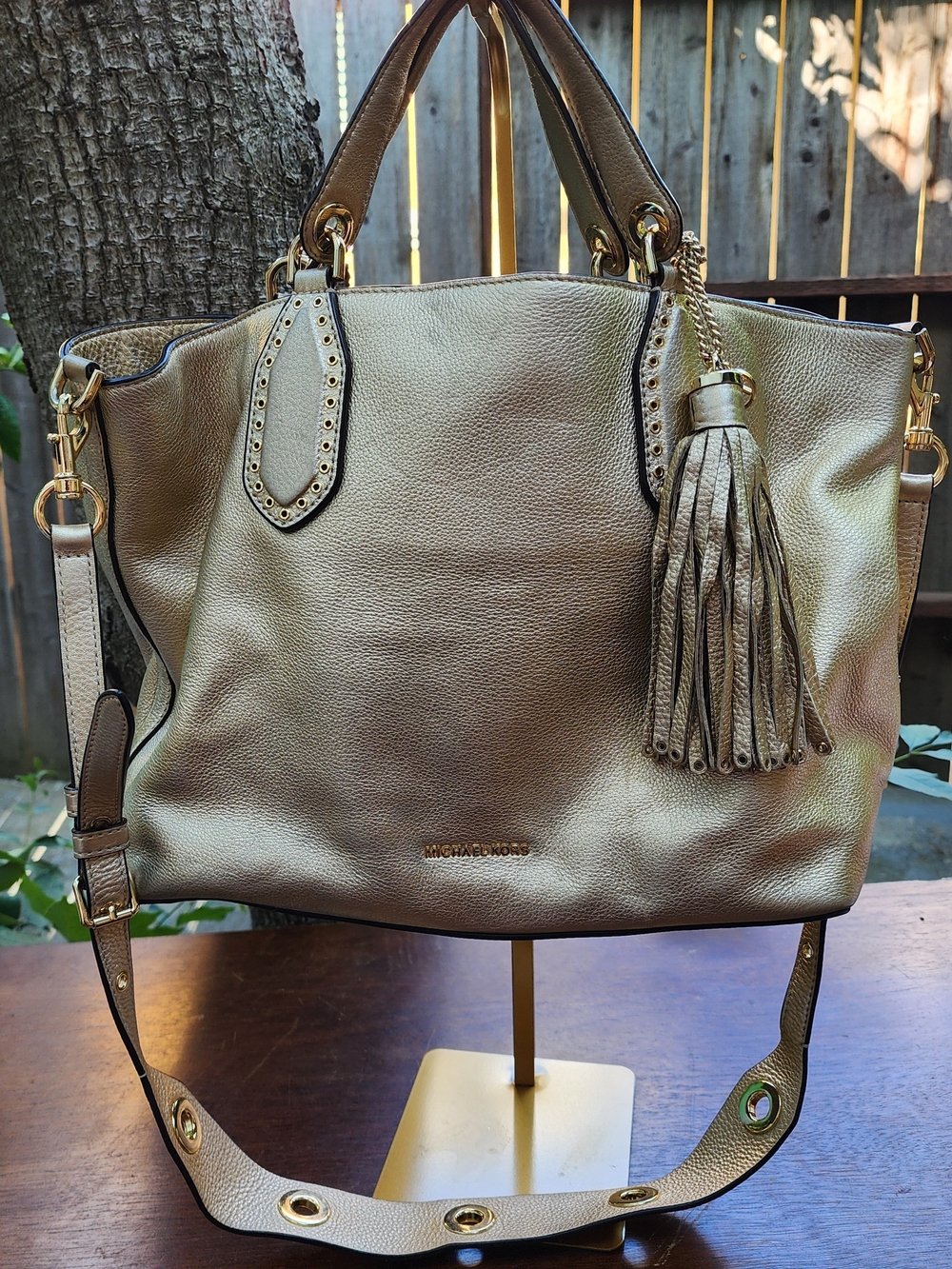 MK Brooklyn Gold Pebbled Leather Tassel Crossbody Satchel Handbag